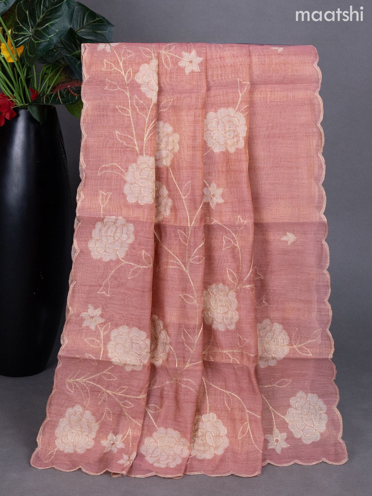 Dark Peach Tissue Linen Dress Material With Floral Pita Work