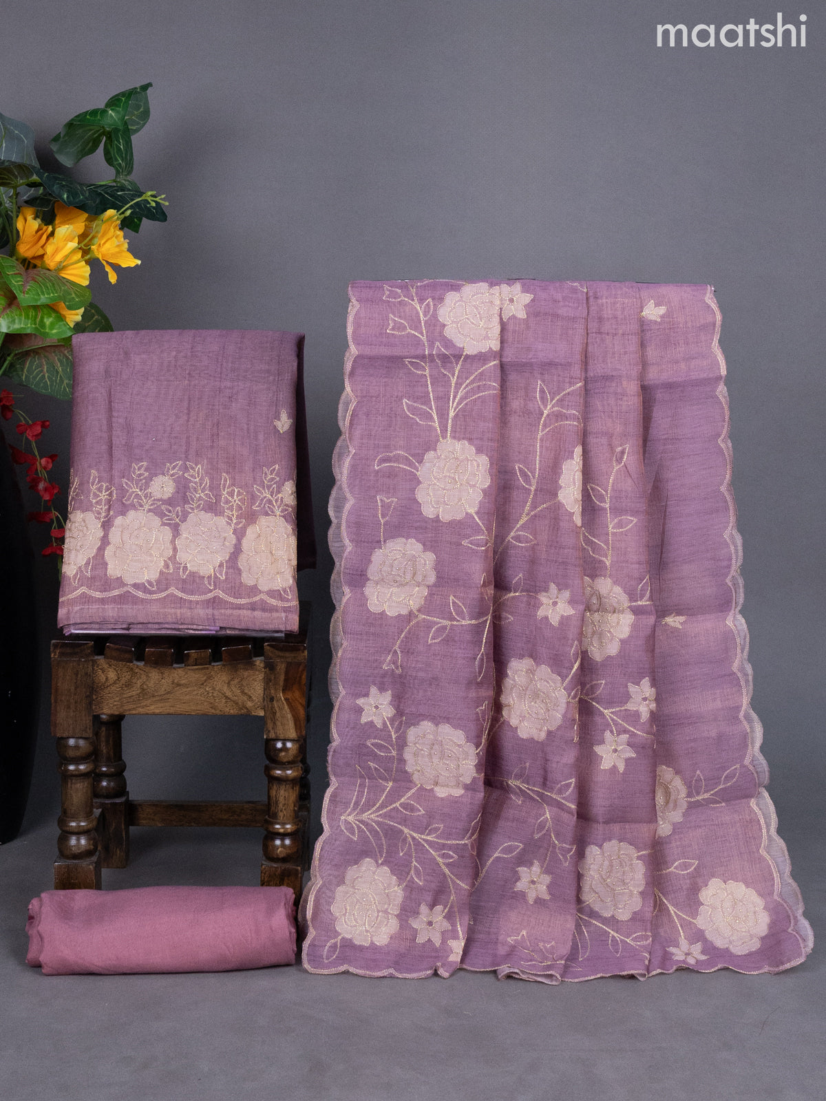 Mauve Pink Tissue Linen Dress Material With Floral Pita Work