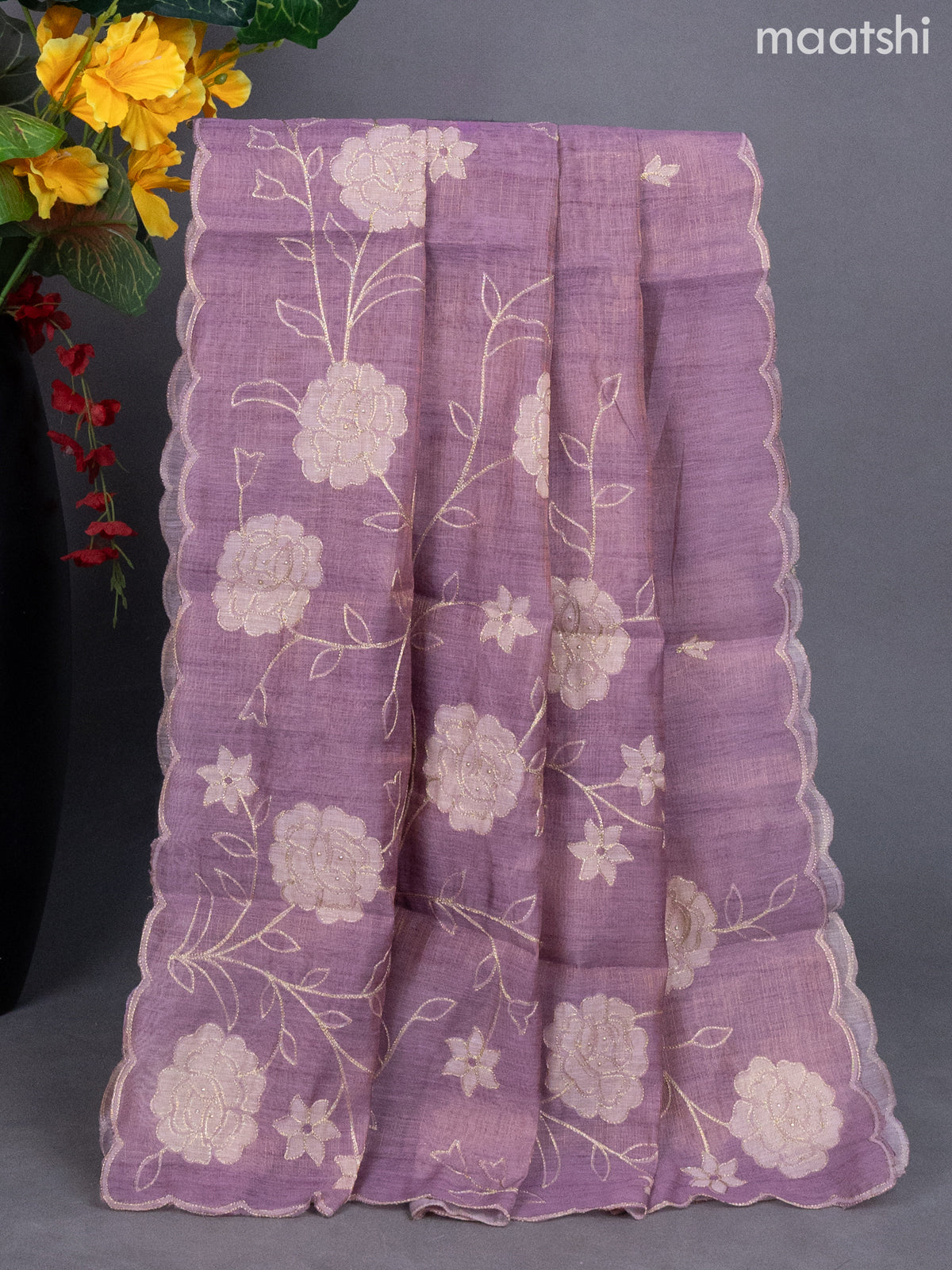 Mauve Pink Tissue Linen Dress Material With Floral Pita Work