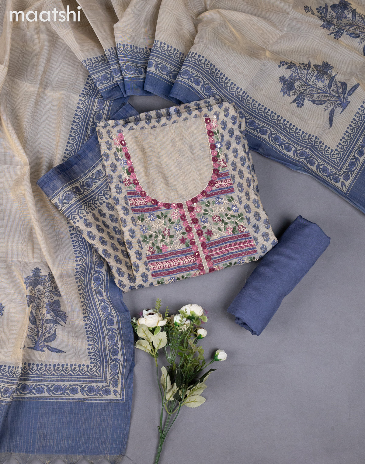 Beige and Greyish Blue Tissue Linen Dress Material With Prints & Kantha Stich Work