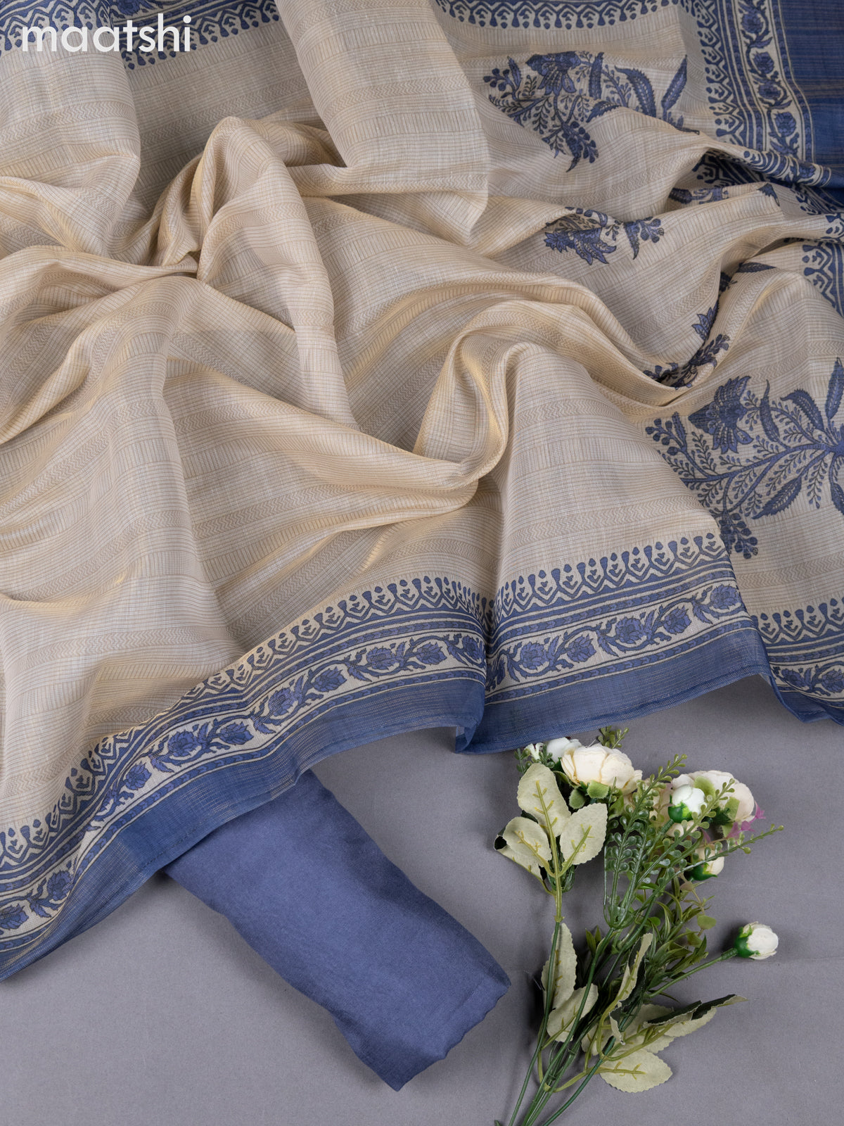 Beige and Greyish Blue Tissue Linen Dress Material With Prints & Kantha Stich Work