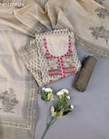 Beige and Dap Green Tissue Linen Dress Material With Prints & Kantha Stich Work