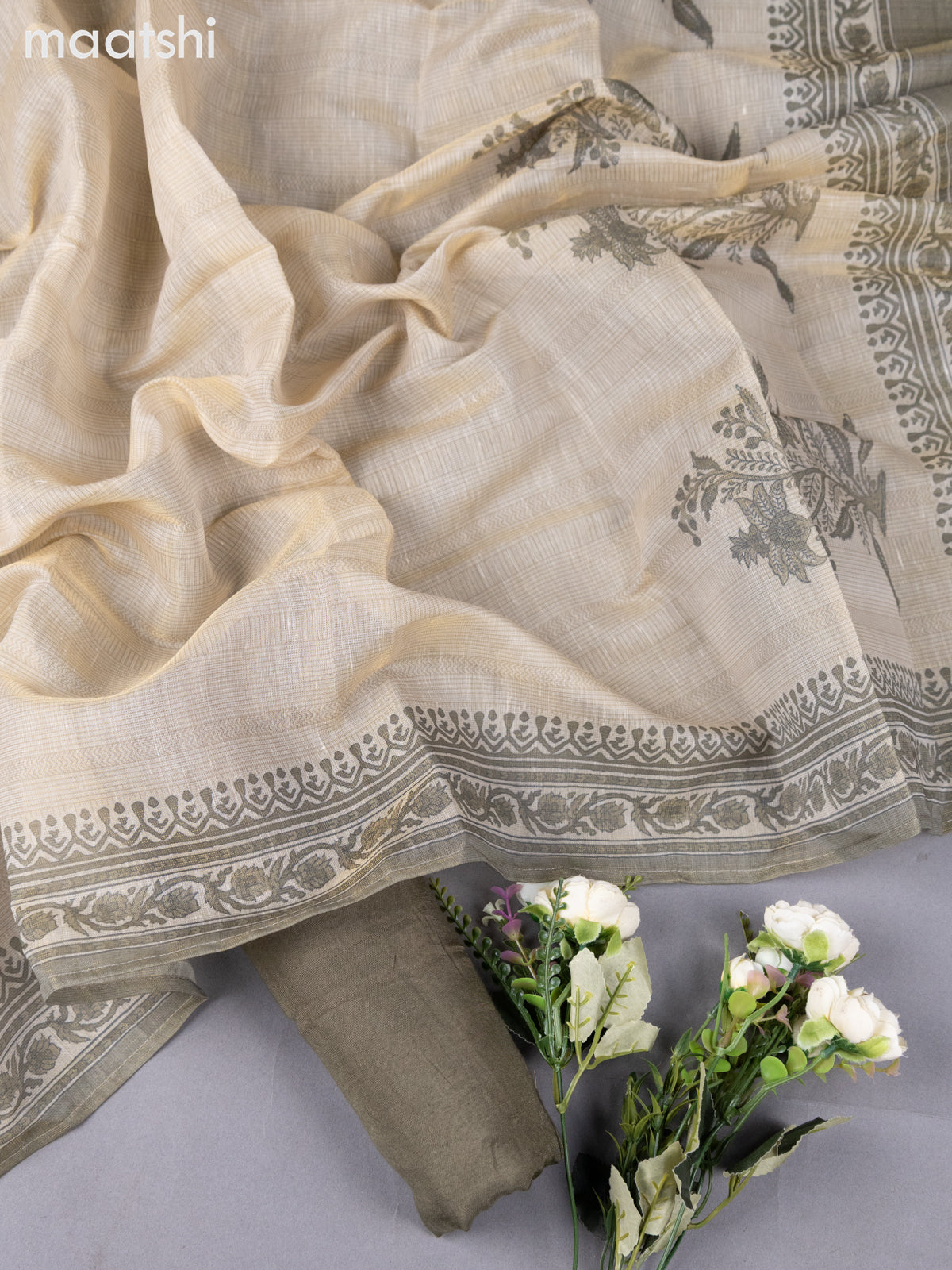 Beige and Dap Green Tissue Linen Dress Material With Prints & Kantha Stich Work