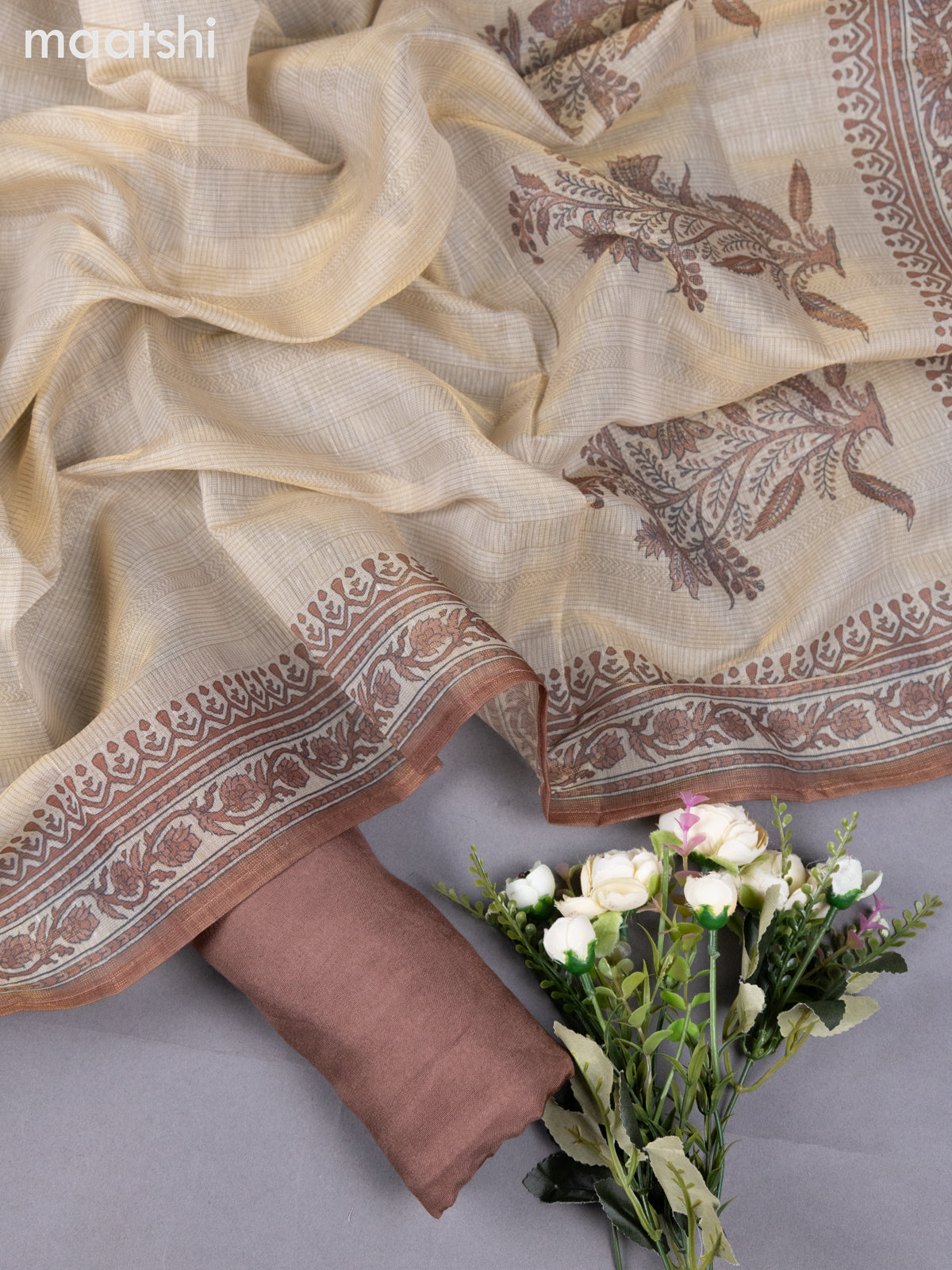 Beige and Brown Tissue Linen Dress Material With Prints & Kantha Stich Work
