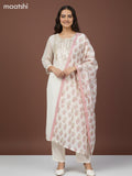 Chanderi salwar suit off white with mirror sequin work neck pattern and straight cut pant & dupatta