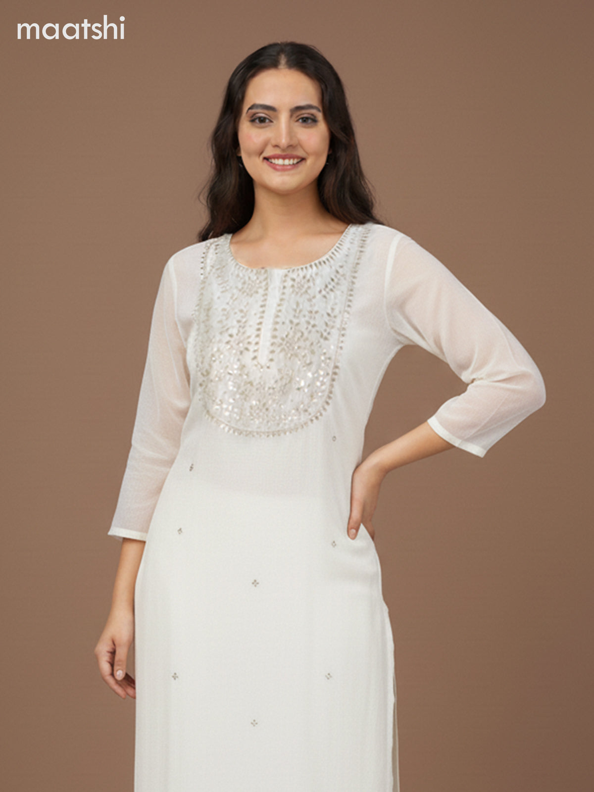 Chanderi salwar suit off white with mirror sequin work neck pattern and straight cut pant & dupatta