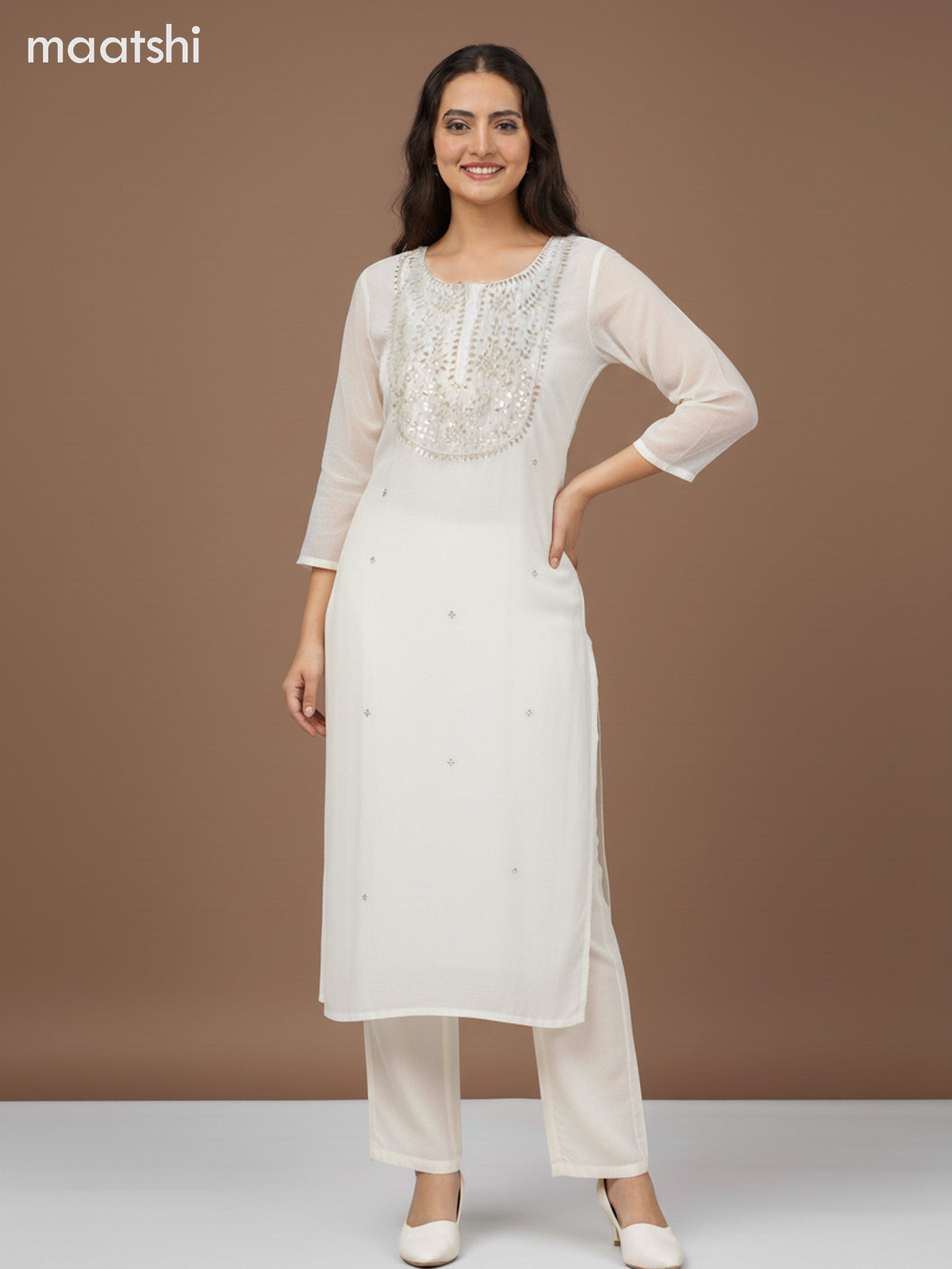 Chanderi salwar suit off white with mirror sequin work neck pattern and straight cut pant & dupatta