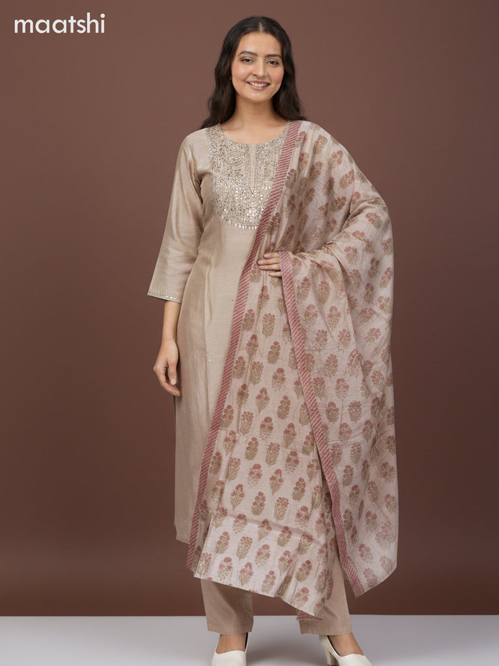 Chanderi salwar suit dark beige with mirror sequin work neck pattern and straight cut pant & dupatta