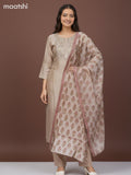 Chanderi salwar suit dark beige with mirror sequin work neck pattern and straight cut pant & dupatta