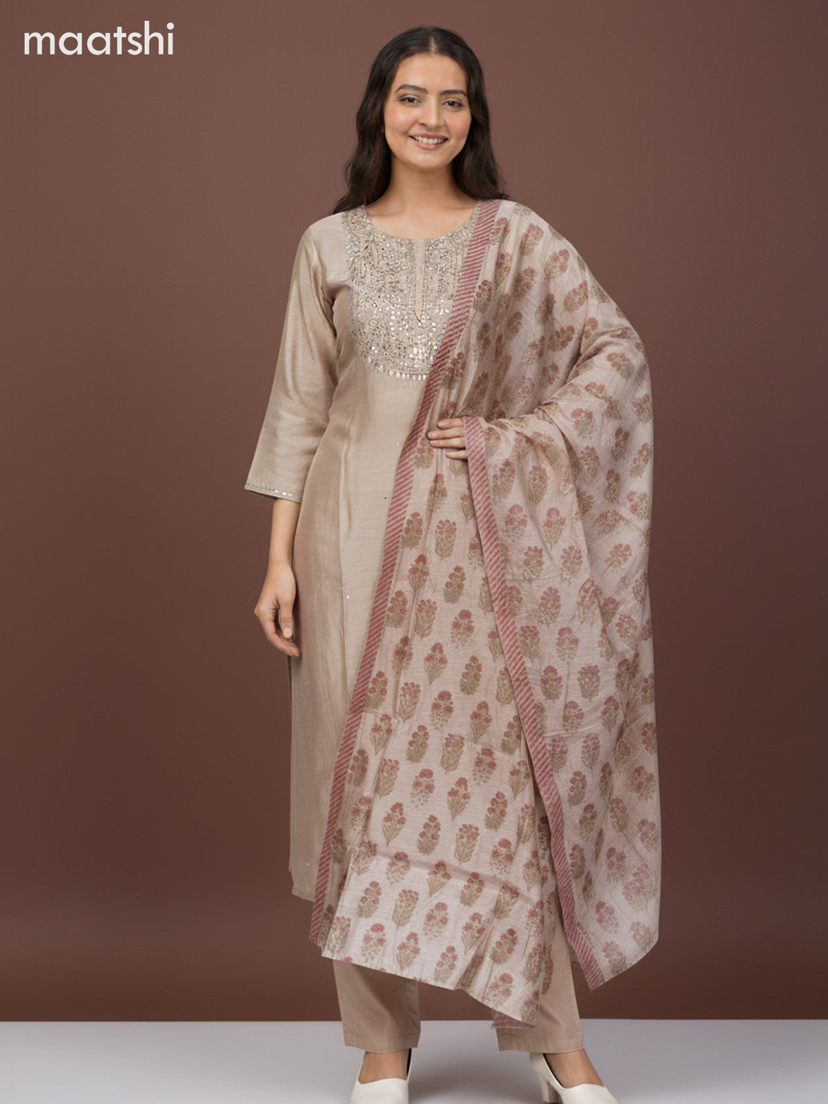 Chanderi salwar suit dark beige with mirror sequin work neck pattern and straight cut pant & dupatta