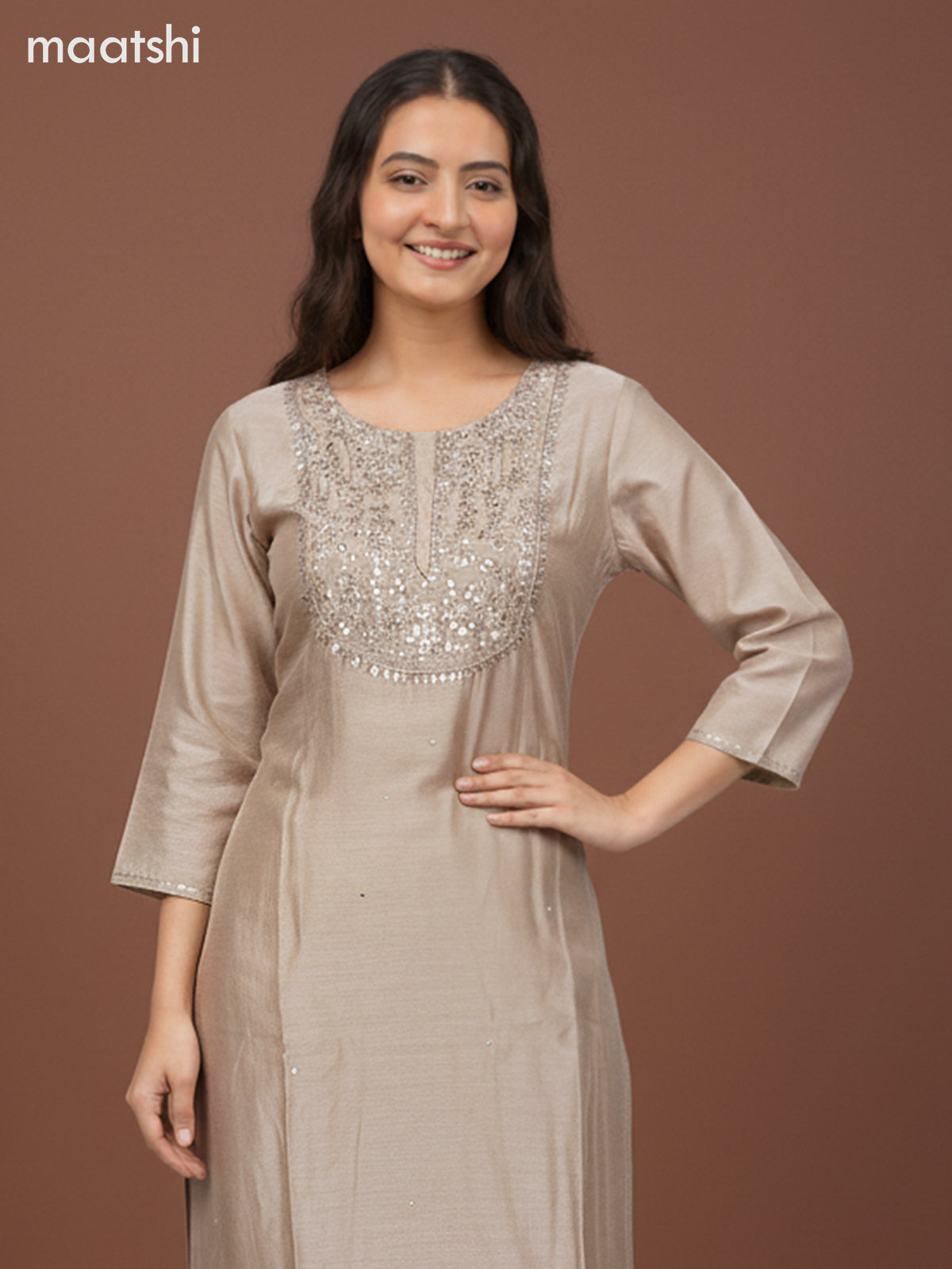Chanderi salwar suit dark beige with mirror sequin work neck pattern and straight cut pant & dupatta