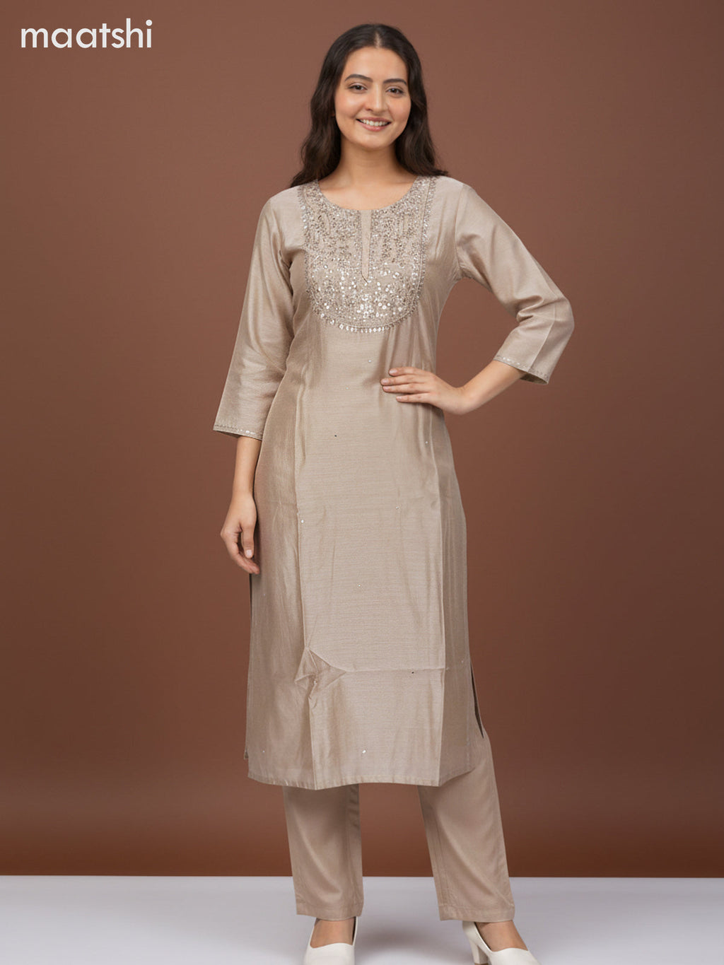 Chanderi salwar suit dark beige with mirror sequin work neck pattern and straight cut pant & dupatta