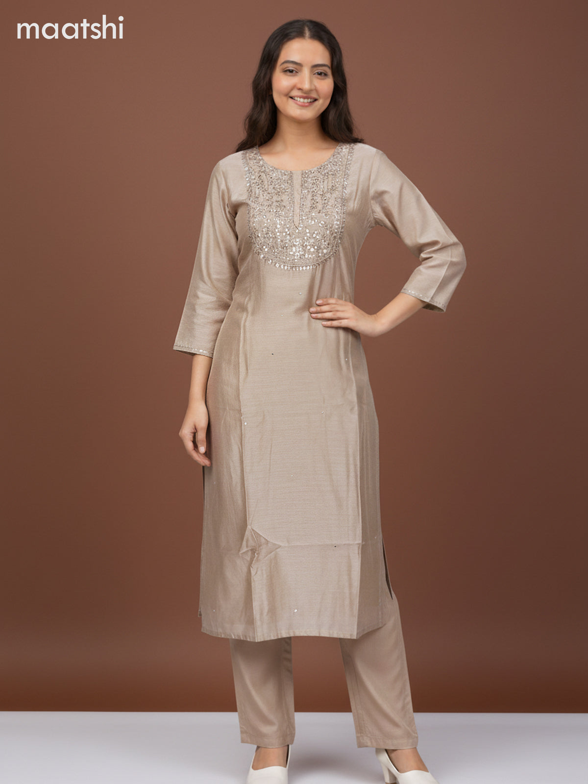 Chanderi salwar suit dark beige with mirror sequin work neck pattern and straight cut pant & dupatta
