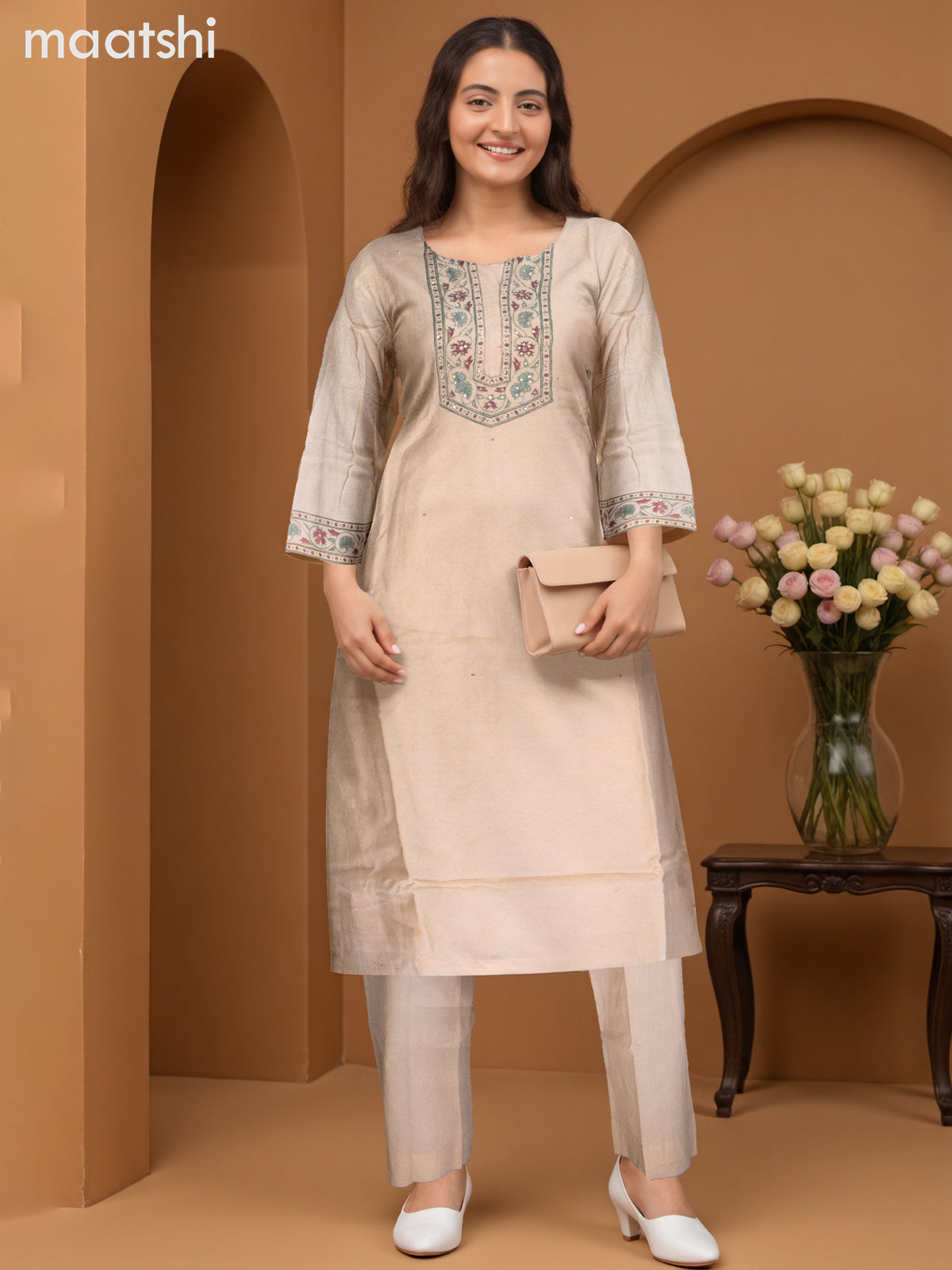 Chanderi salwar suit sandal with sequin work neck pattern and straight cut pant & dupatta