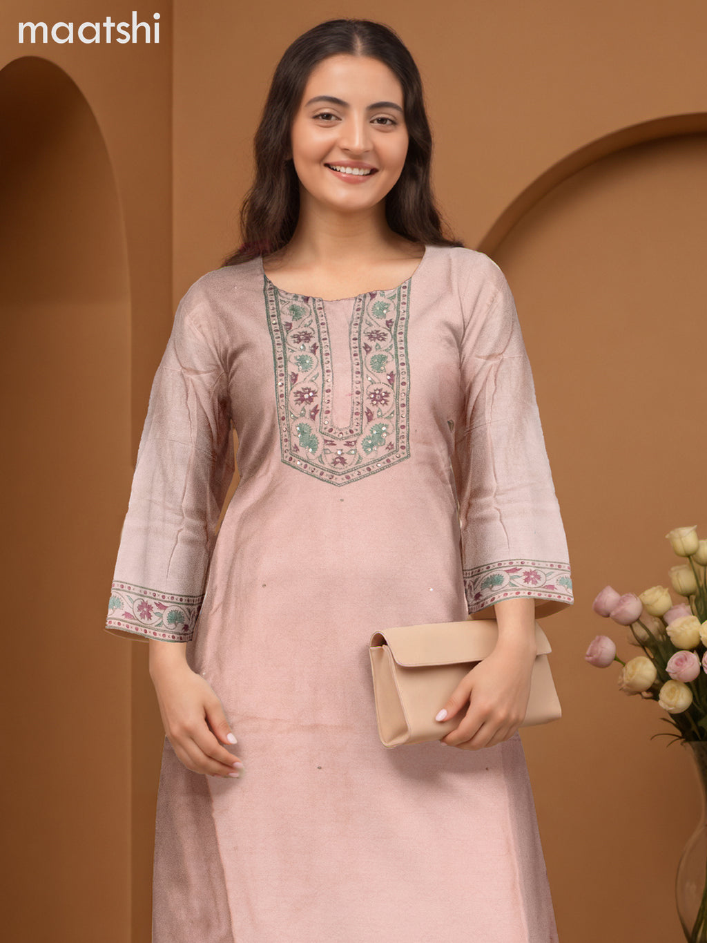 Chanderi salwar suit sandal with sequin work neck pattern and straight cut pant & dupatta