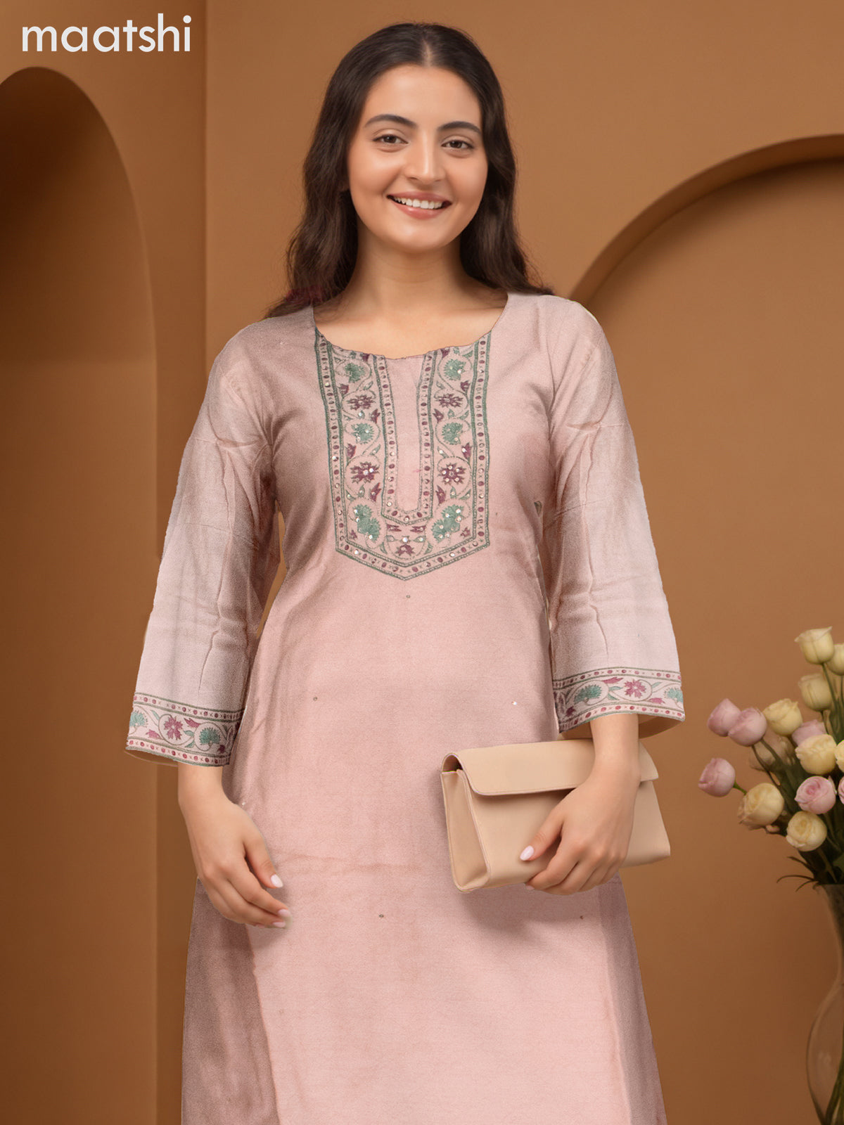 Chanderi salwar suit sandal with sequin work neck pattern and straight cut pant & dupatta