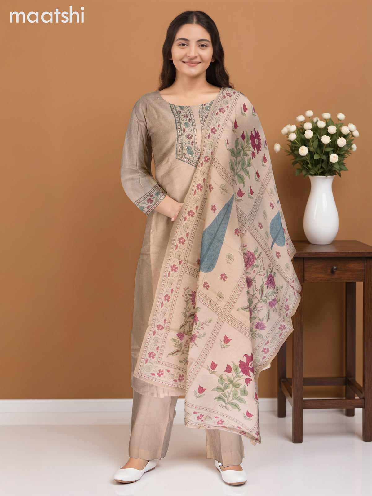 Chanderi salwar suit sandal with sequin work neck pattern and straight cut pant & dupatta