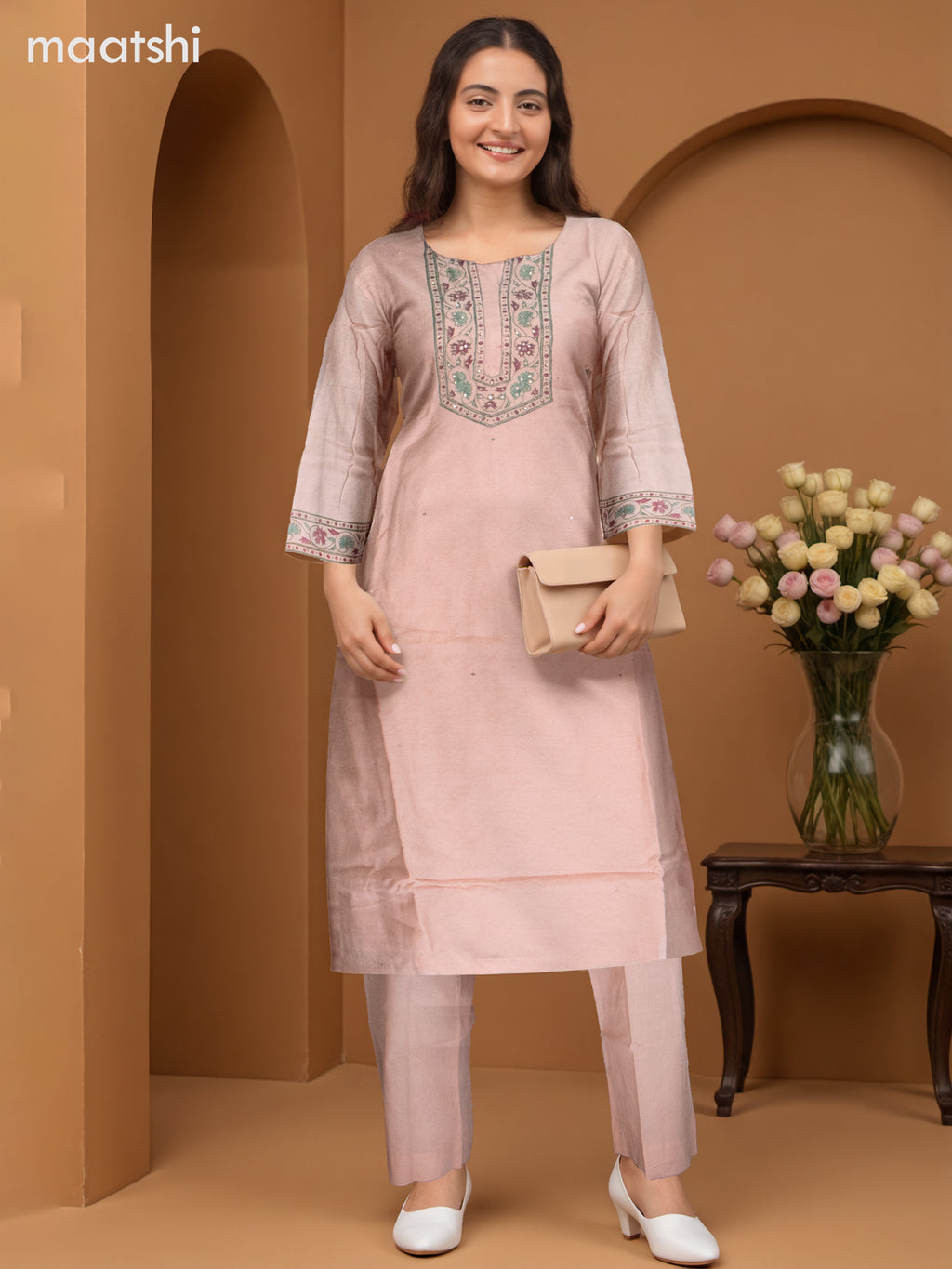 Chanderi salwar suit peach shade with sequin work neck pattern and straight cut pant & dupatta