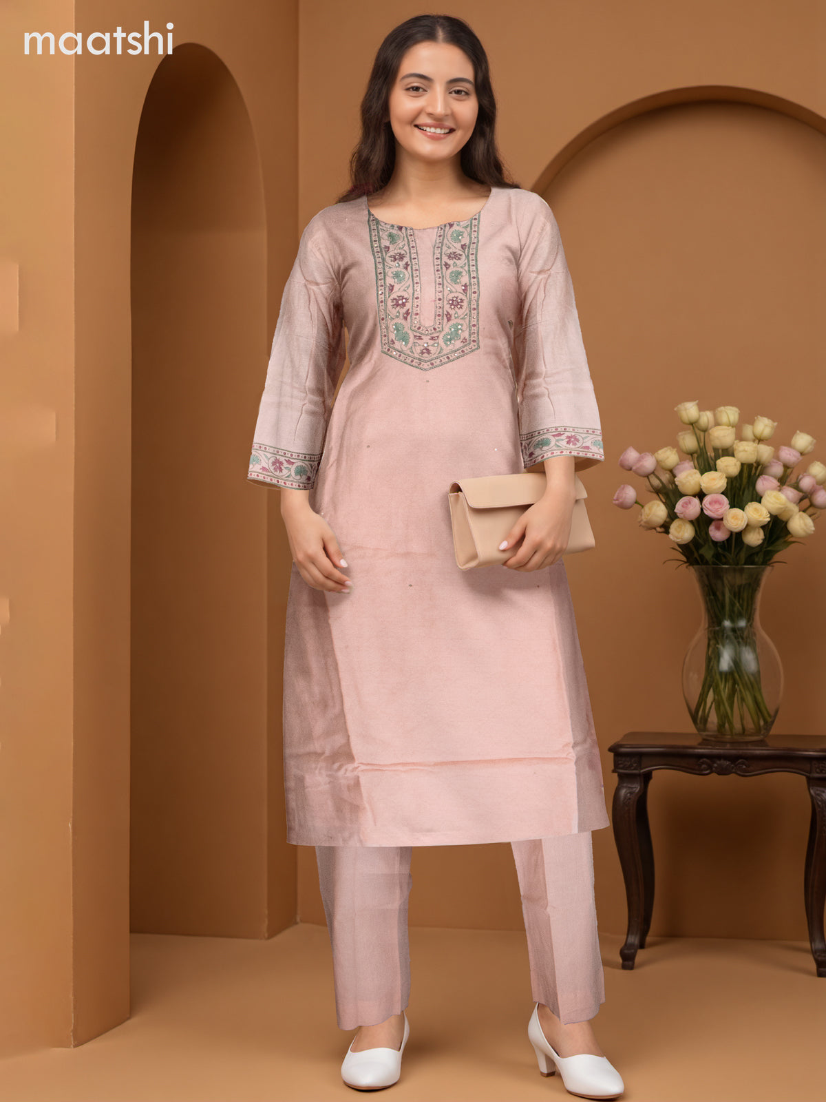 Chanderi salwar suit peach shade with sequin work neck pattern and straight cut pant & dupatta