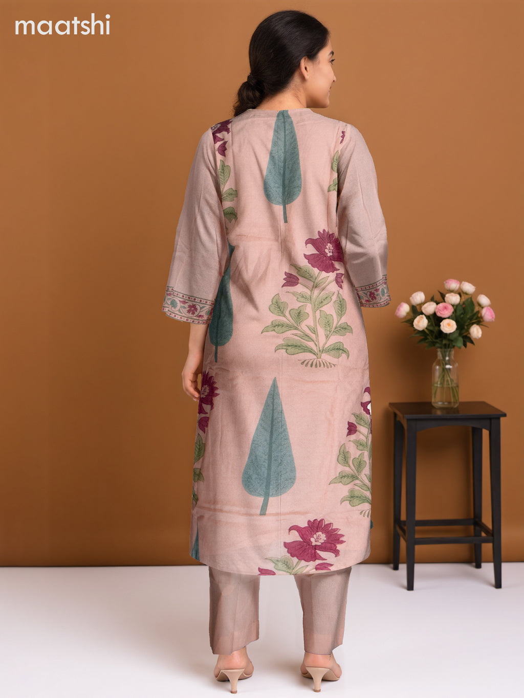 Chanderi salwar suit peach shade with sequin work neck pattern and straight cut pant & dupatta