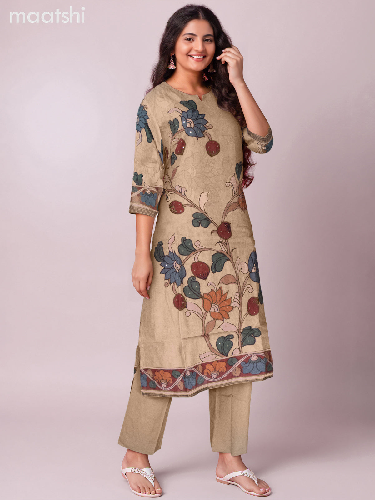 Chanderi salwar suit sandal with kalamkari prints & simple neck pattern and straight cut pant & dupatta