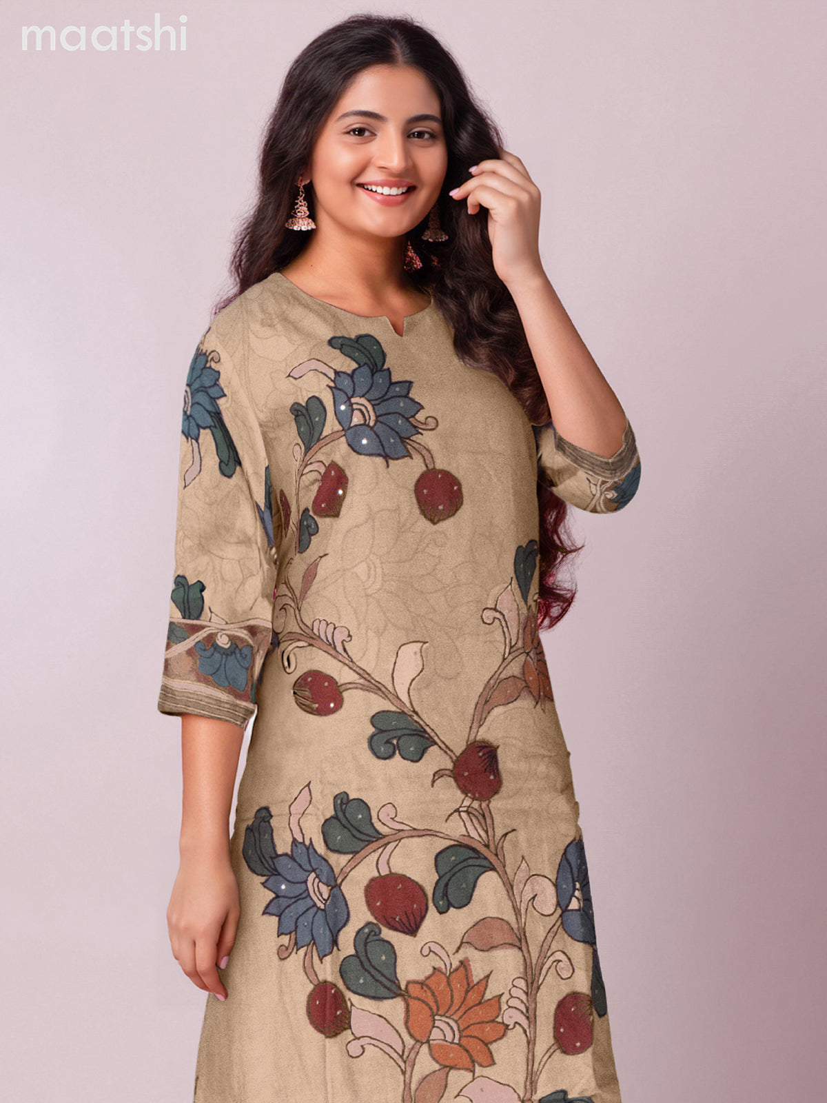 Chanderi salwar suit sandal with kalamkari prints & simple neck pattern and straight cut pant & dupatta