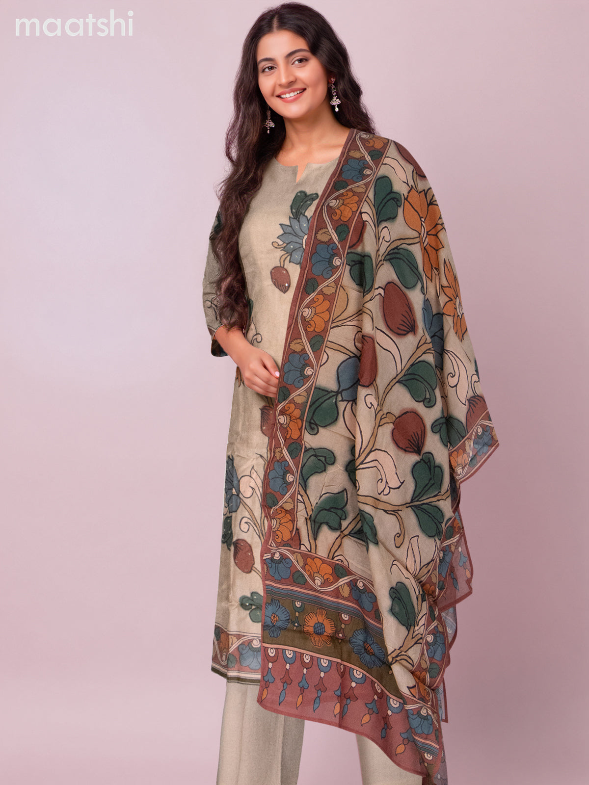 Chanderi salwar suit sandal with kalamkari prints & simple neck pattern and straight cut pant & dupatta