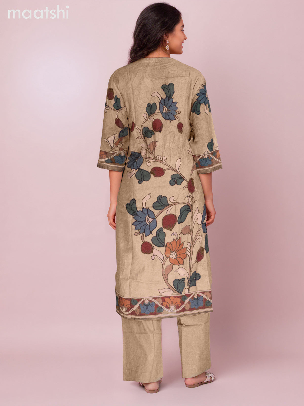 Chanderi salwar suit sandal with kalamkari prints & simple neck pattern and straight cut pant & dupatta