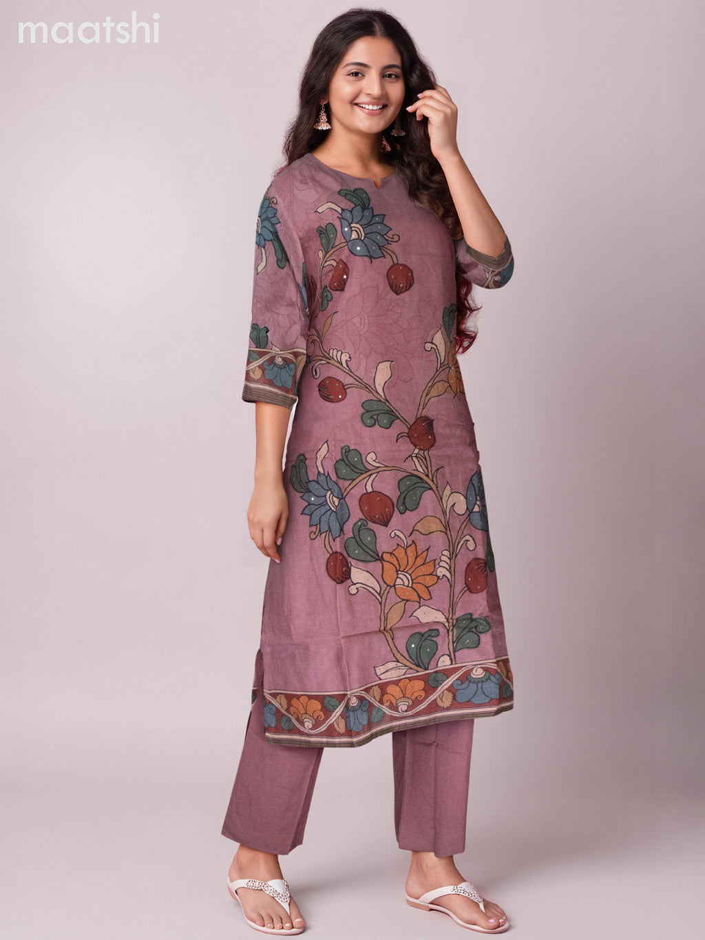 Chanderi salwar suit mauve pink with kalamkari prints & simple neck pattern and straight cut pant & dupatta