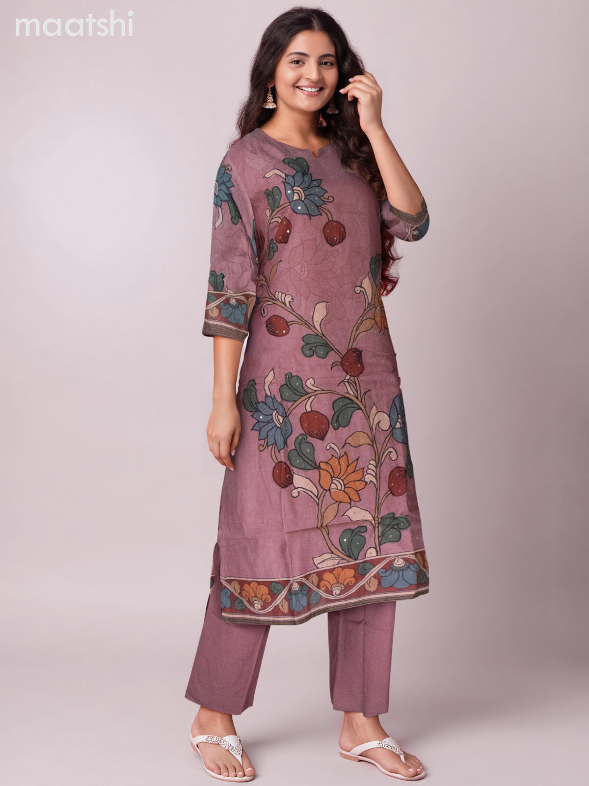 Chanderi salwar suit mauve pink with kalamkari prints & simple neck pattern and straight cut pant & dupatta