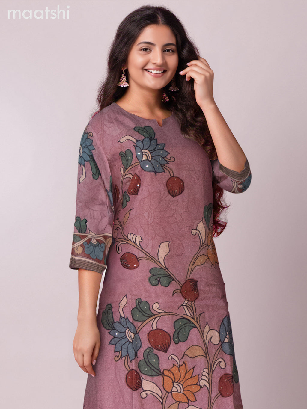 Chanderi salwar suit mauve pink with kalamkari prints & simple neck pattern and straight cut pant & dupatta