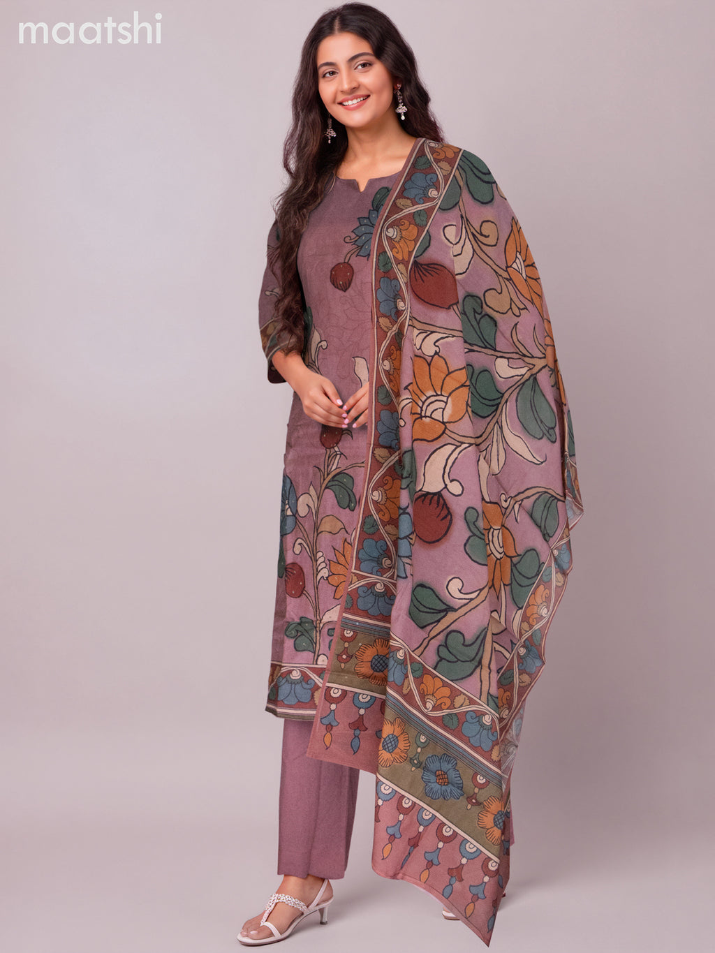Chanderi salwar suit mauve pink with kalamkari prints & simple neck pattern and straight cut pant & dupatta