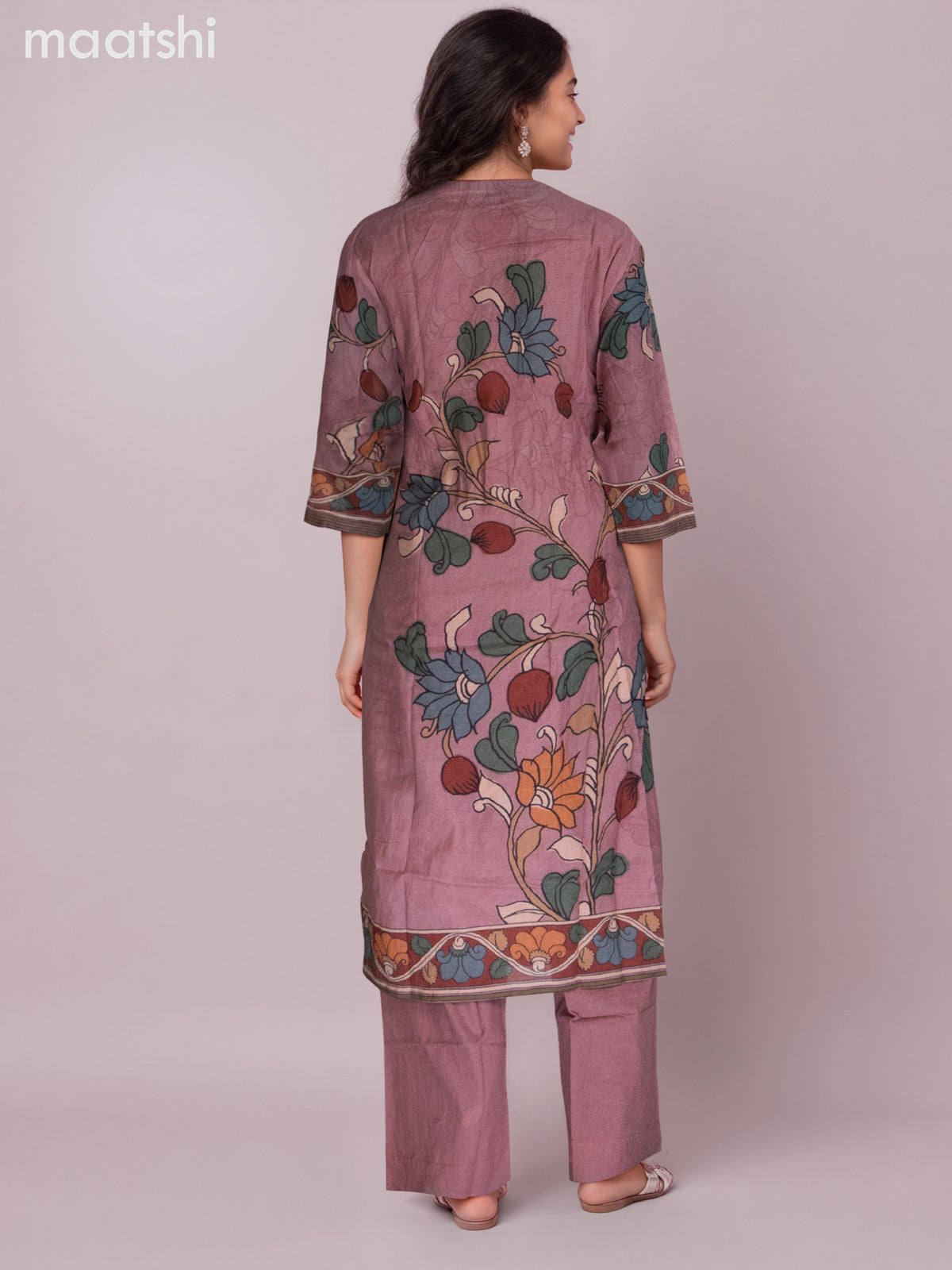 Chanderi salwar suit mauve pink with kalamkari prints & simple neck pattern and straight cut pant & dupatta
