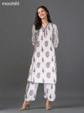 Cotton kurti set off white and purple shade with butta prints & lace work v neck pattern and palazzo pant