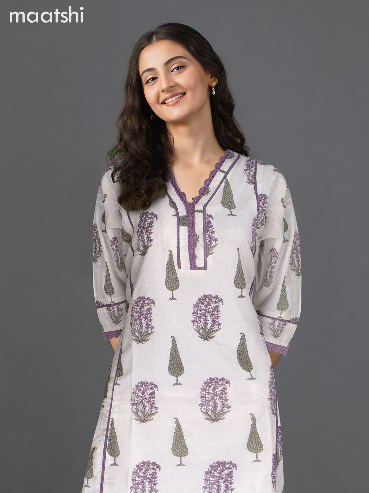 Cotton kurti set off white and purple shade with butta prints & lace work v neck pattern and palazzo pant