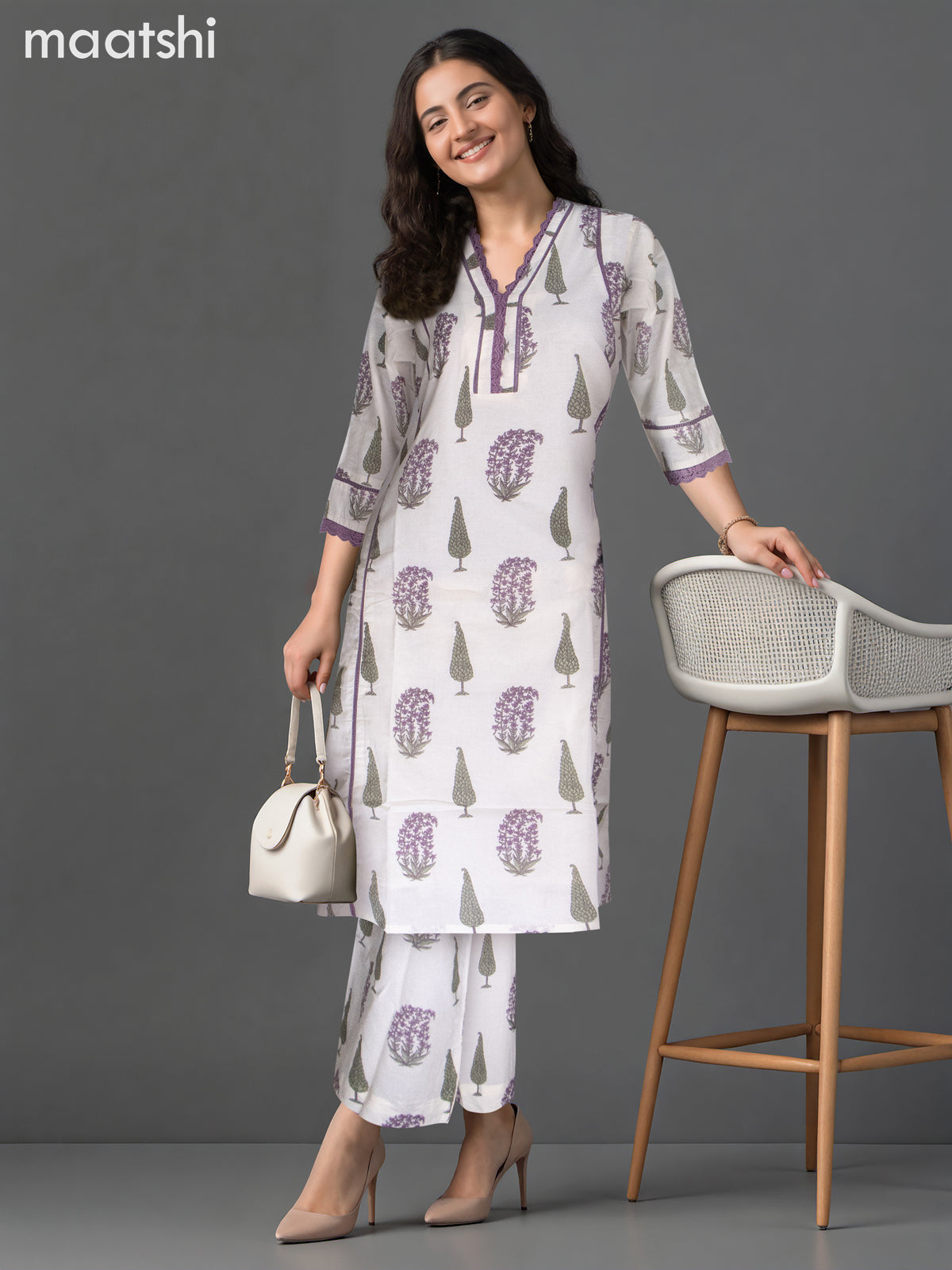 Cotton kurti set off white and purple shade with butta prints & lace work v neck pattern and palazzo pant