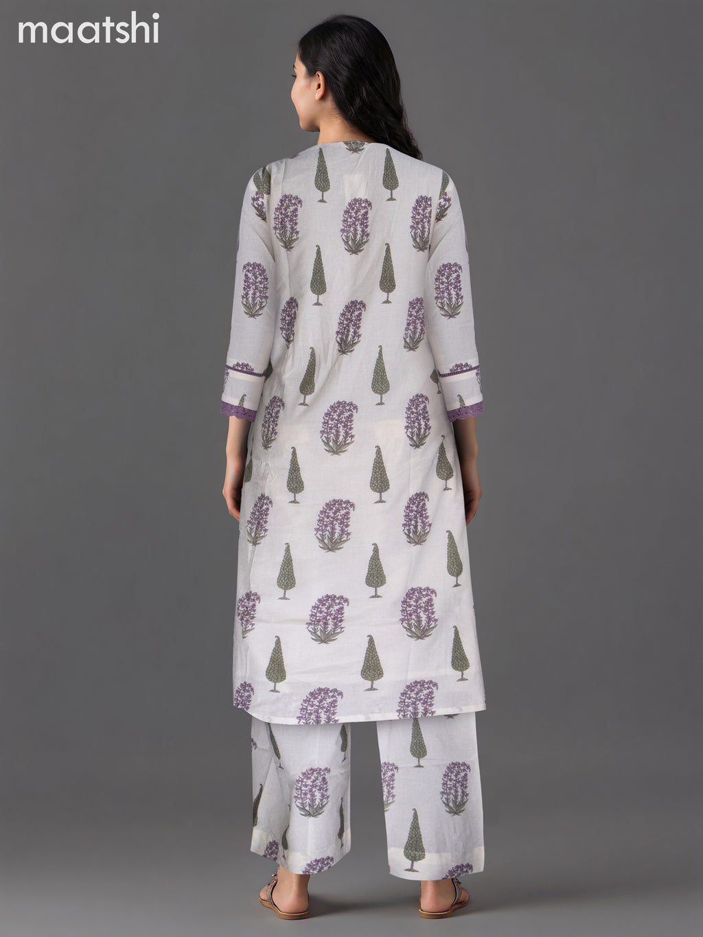Cotton kurti set off white and purple shade with butta prints & lace work v neck pattern and palazzo pant