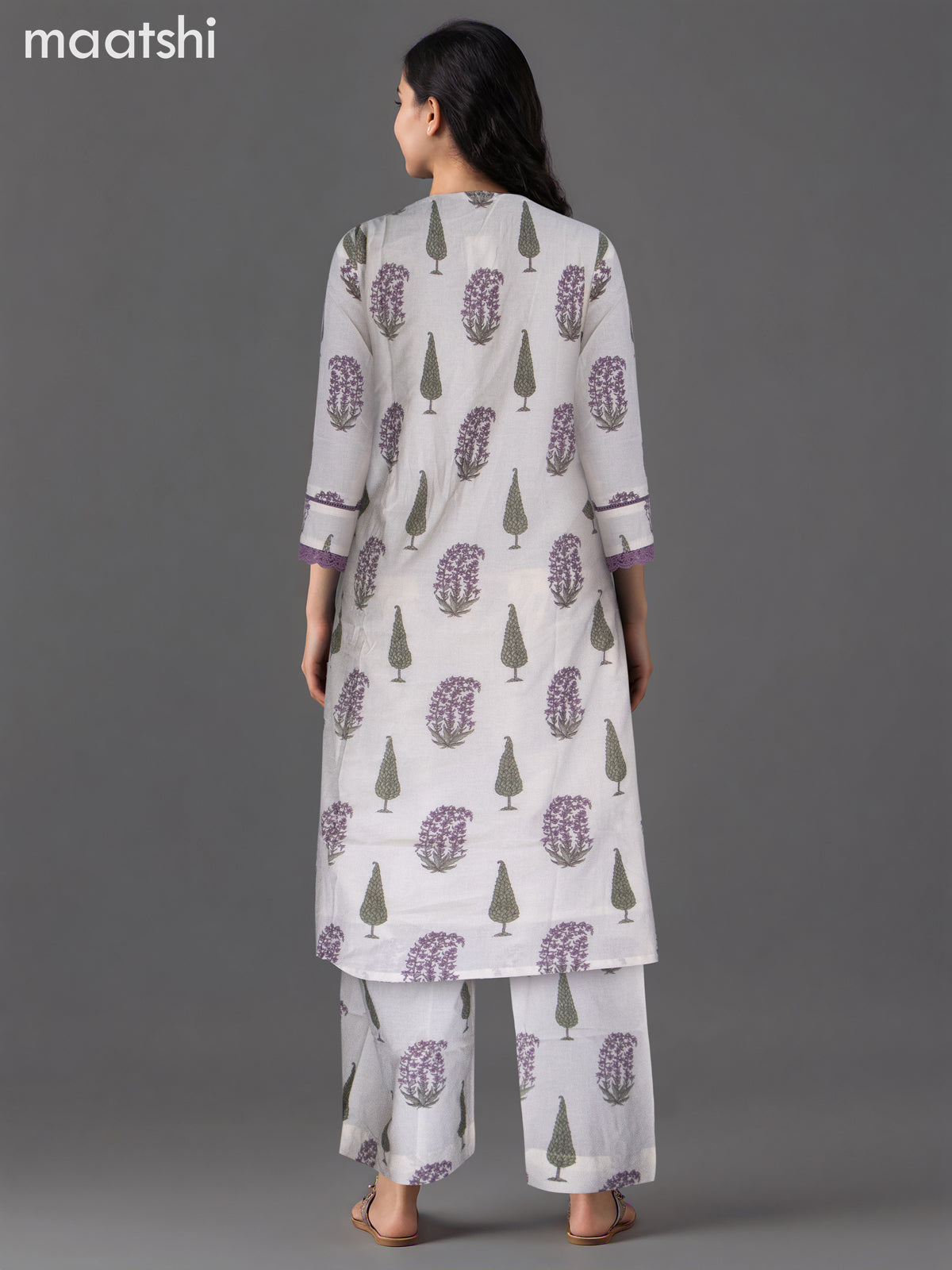 Cotton kurti set off white and purple shade with butta prints & lace work v neck pattern and palazzo pant