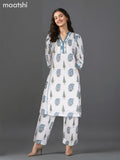 Cotton kurti set off white and blue shade with butta prints & lace work v neck pattern and palazzo pant