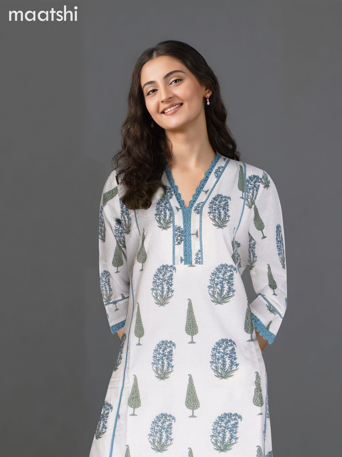 Cotton kurti set off white and blue shade with butta prints & lace work v neck pattern and palazzo pant