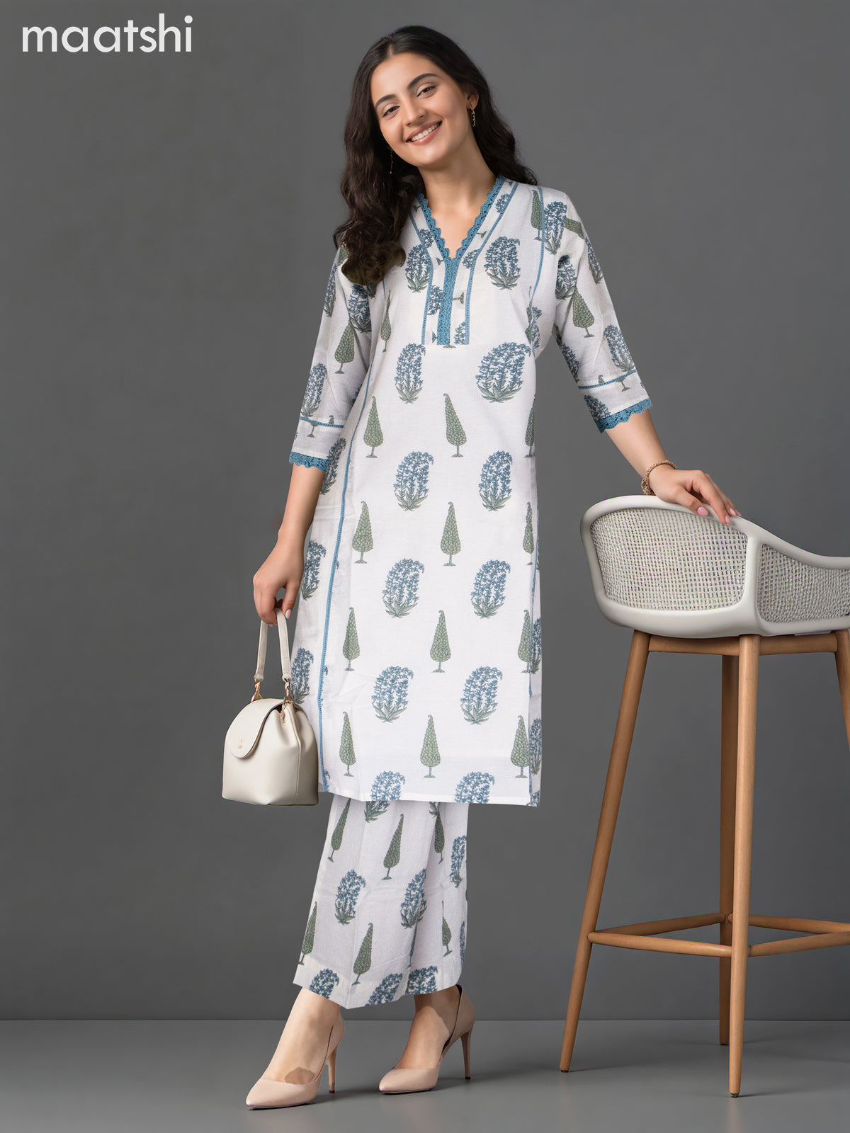 Cotton kurti set off white and blue shade with butta prints & lace work v neck pattern and palazzo pant