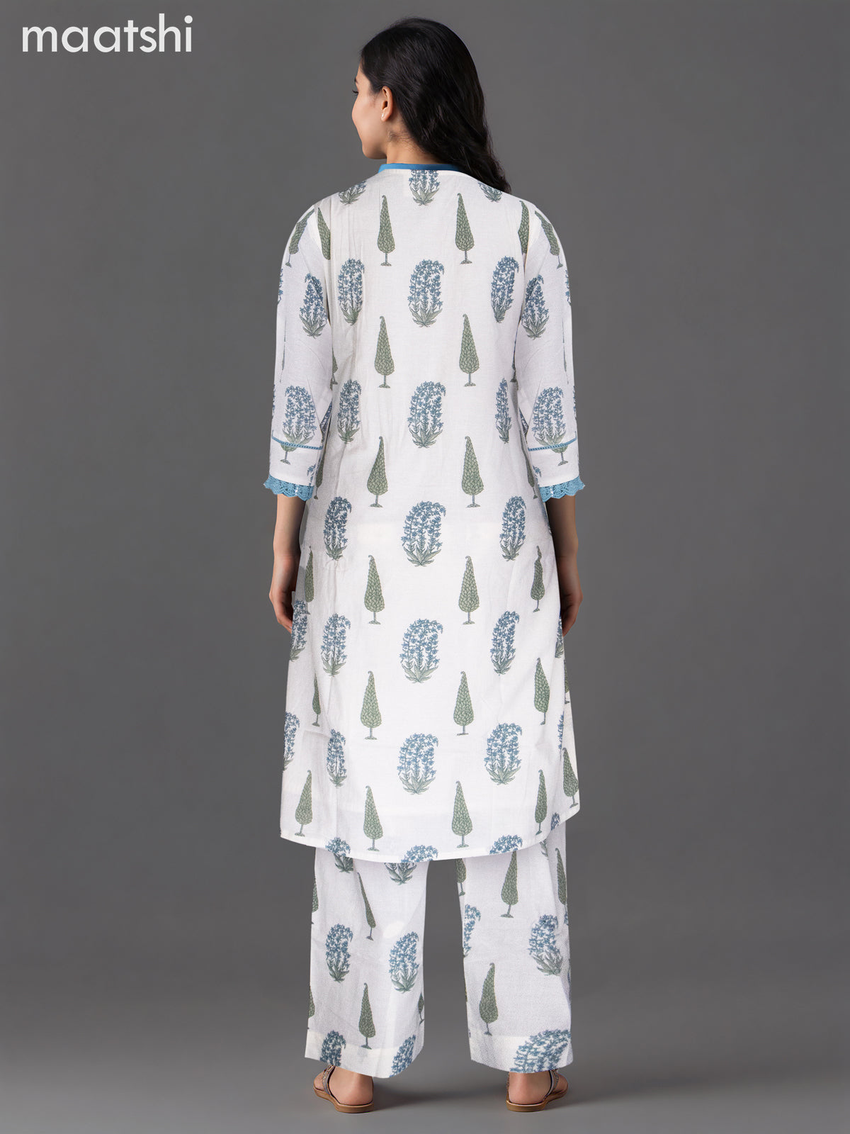 Cotton kurti set off white and blue shade with butta prints & lace work v neck pattern and palazzo pant