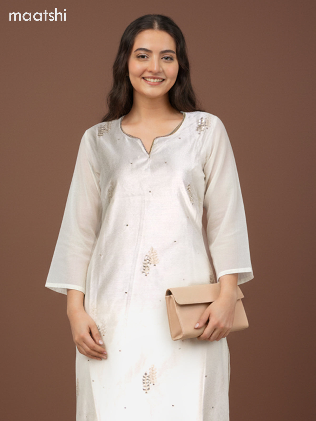 Chanderi salwar suit off white with zardosi work neck pattern and straight cut pant & kota dupatta
