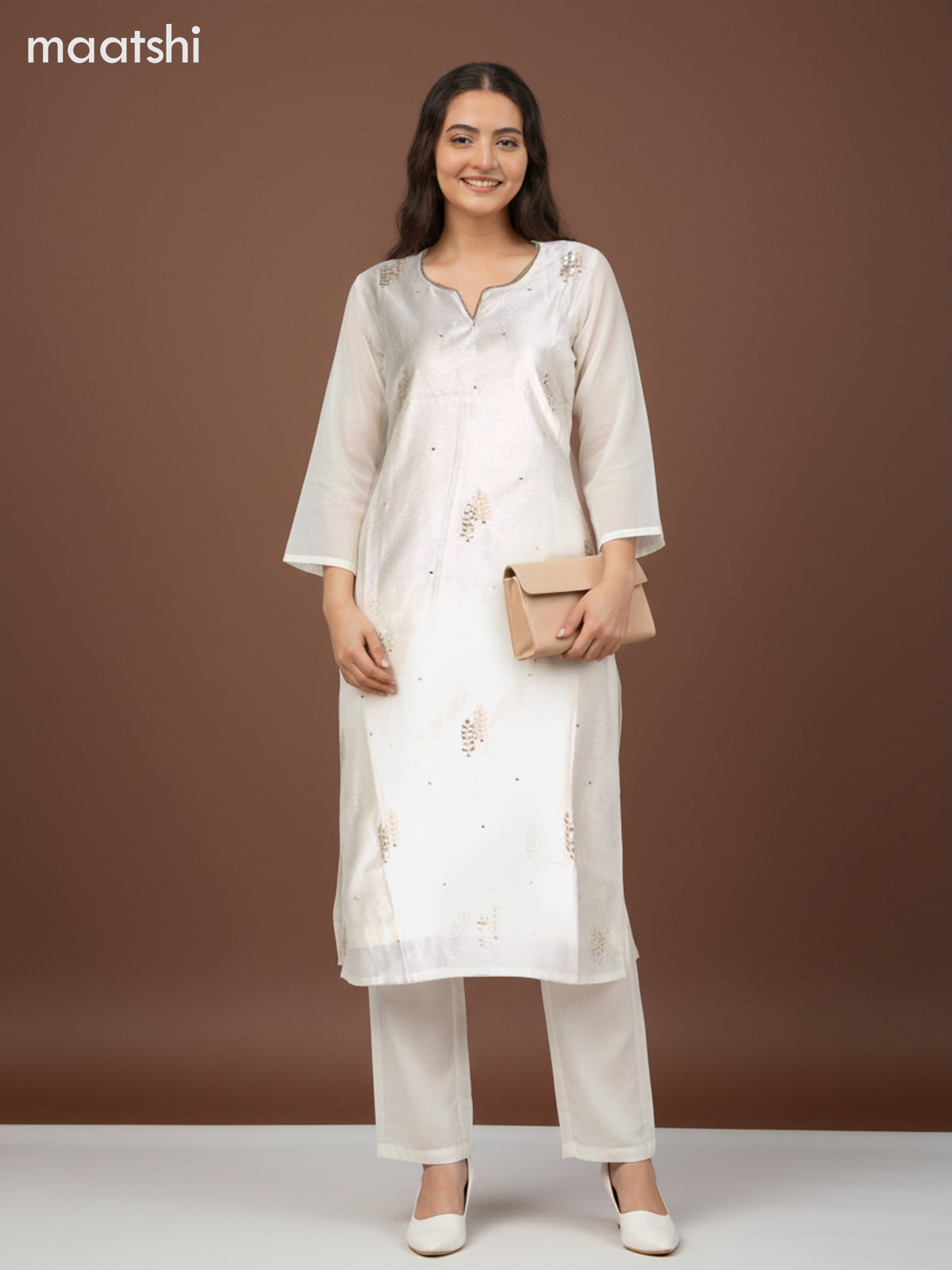 Chanderi salwar suit off white with zardosi work neck pattern and straight cut pant & kota dupatta