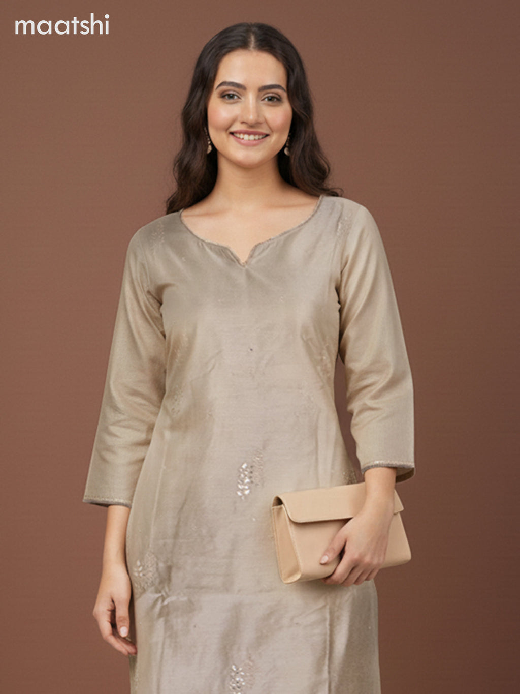 Chanderi salwar suit dark beige with zardosi work neck pattern and straight cut pant & kota dupatta