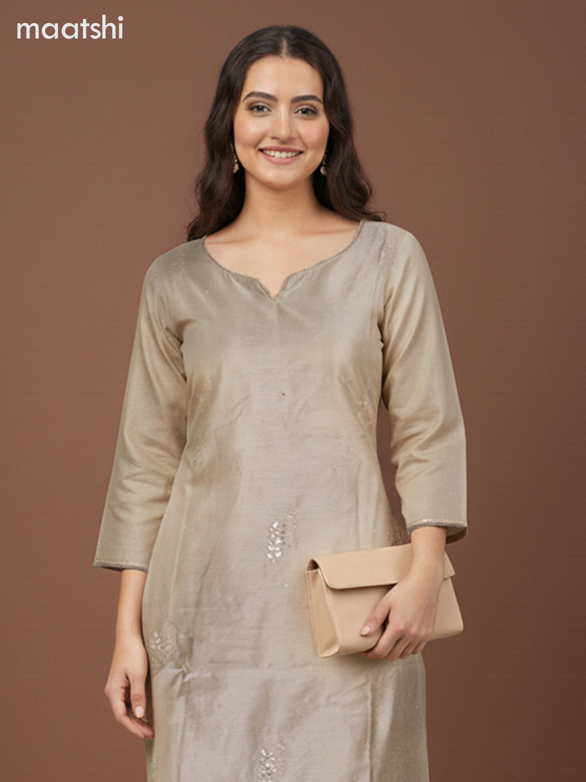 Chanderi salwar suit dark beige with zardosi work neck pattern and straight cut pant & kota dupatta
