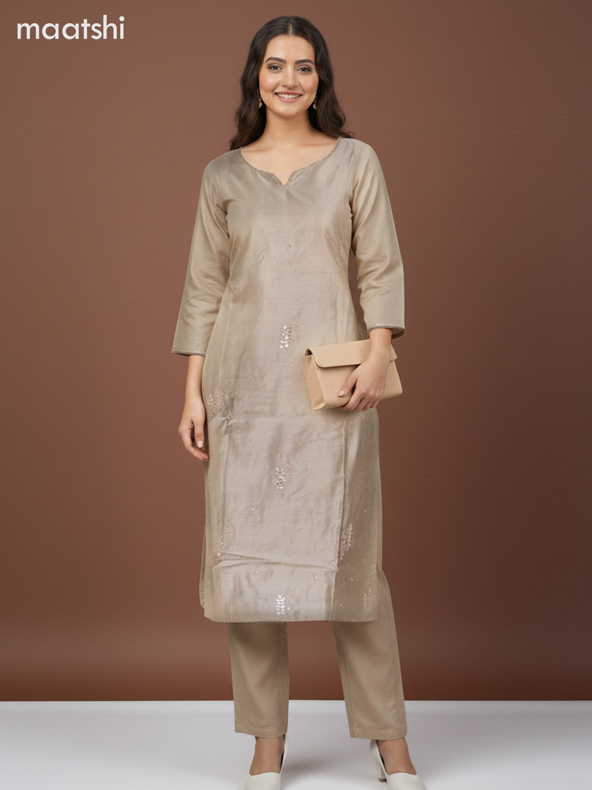 Chanderi salwar suit dark beige with zardosi work neck pattern and straight cut pant & kota dupatta