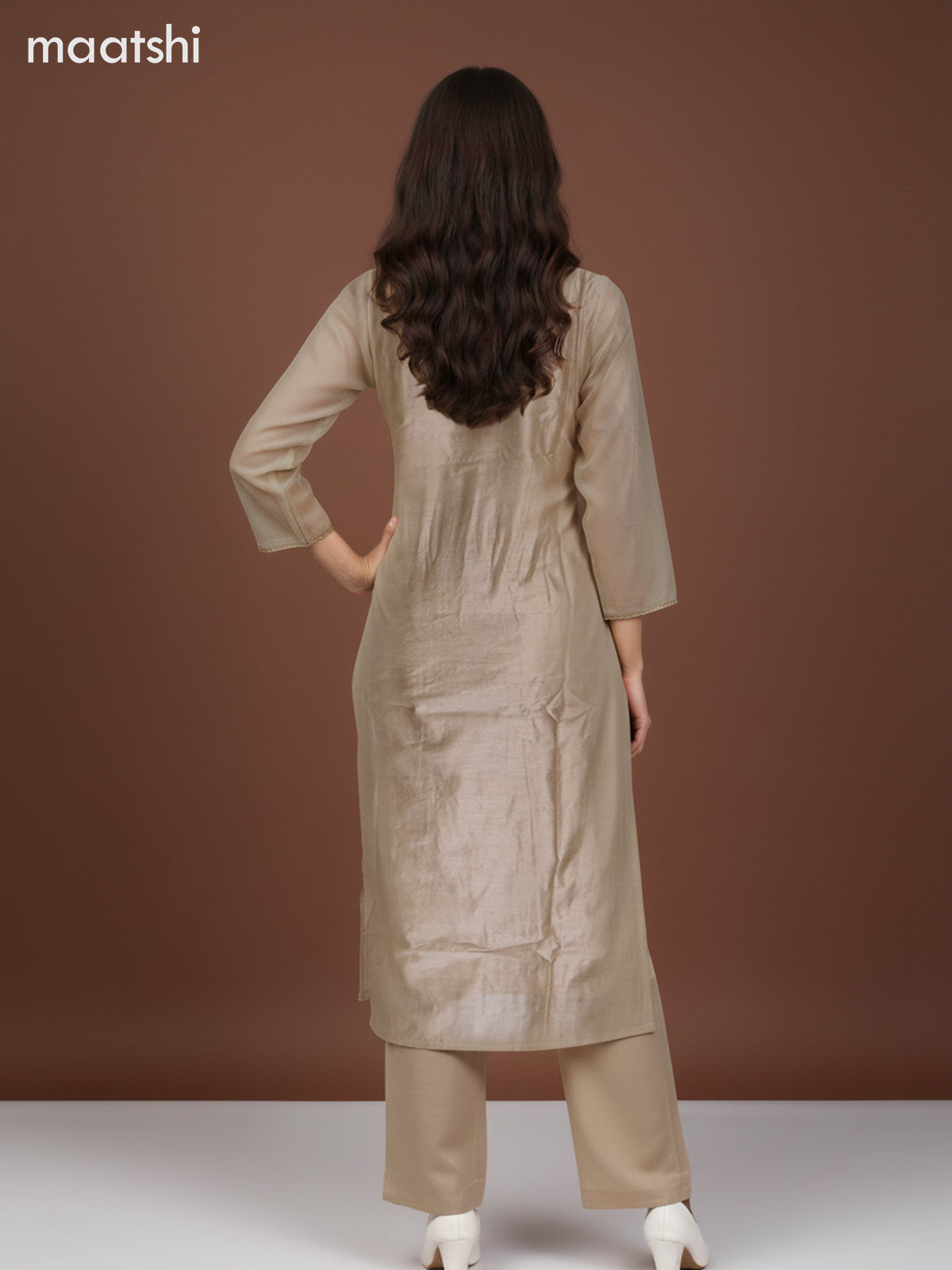 Chanderi salwar suit dark beige with zardosi work neck pattern and straight cut pant & kota dupatta