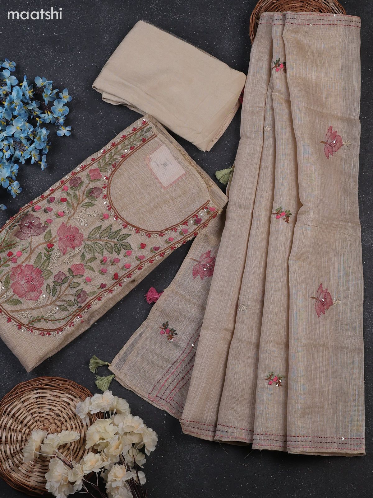 Cream Tissue Dress Material With Kantha Stitch Work Neck Pattern