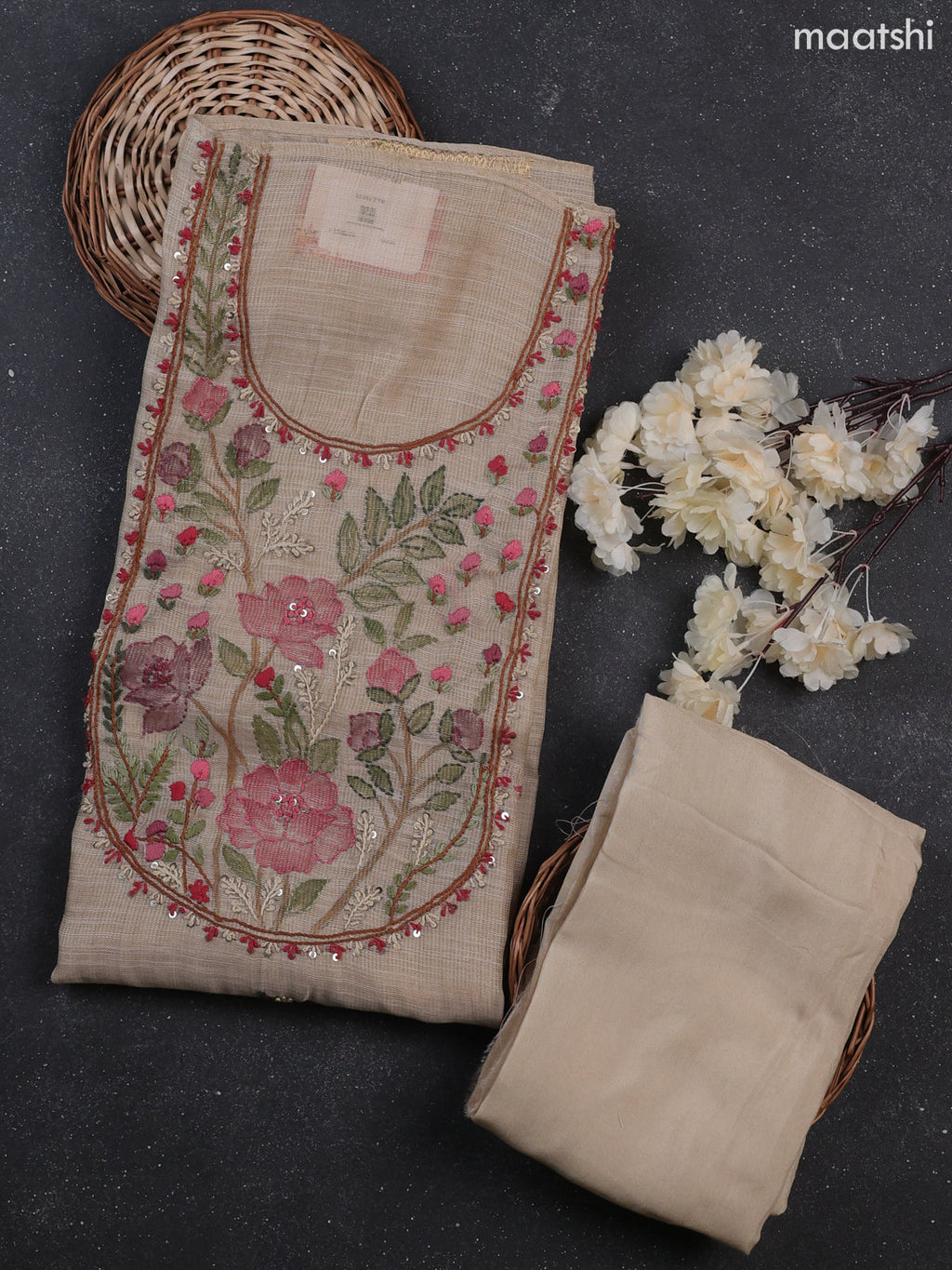 Cream Tissue Dress Material With Kantha Stitch Work Neck Pattern